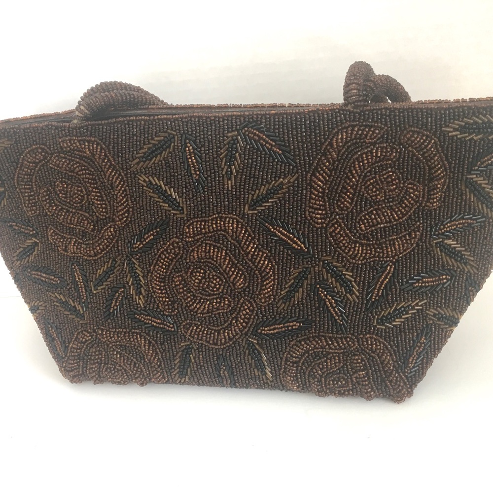 Brown Floral Embroidered Clutch with Textured Design